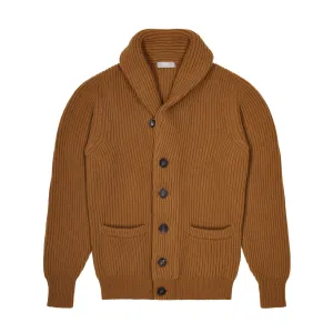 Huntley Cashmere Shawl Neck Ribbed Cardigan in Vintage Vicuna