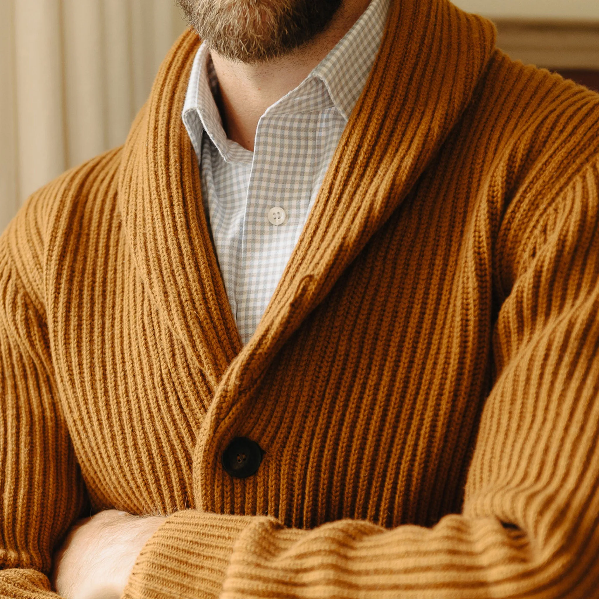 Huntley Cashmere Shawl Neck Ribbed Cardigan in Vintage Vicuna