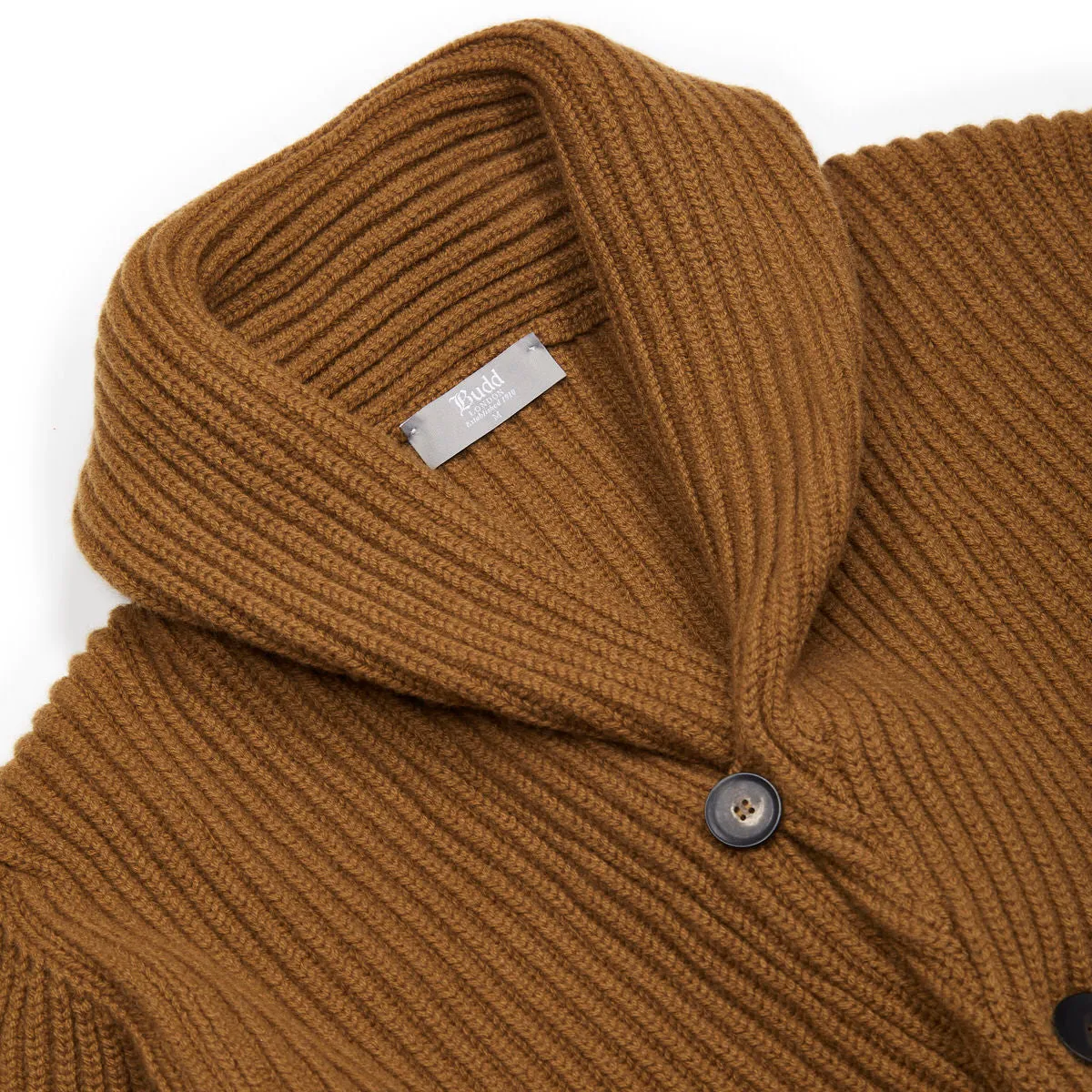 Huntley Cashmere Shawl Neck Ribbed Cardigan in Vintage Vicuna