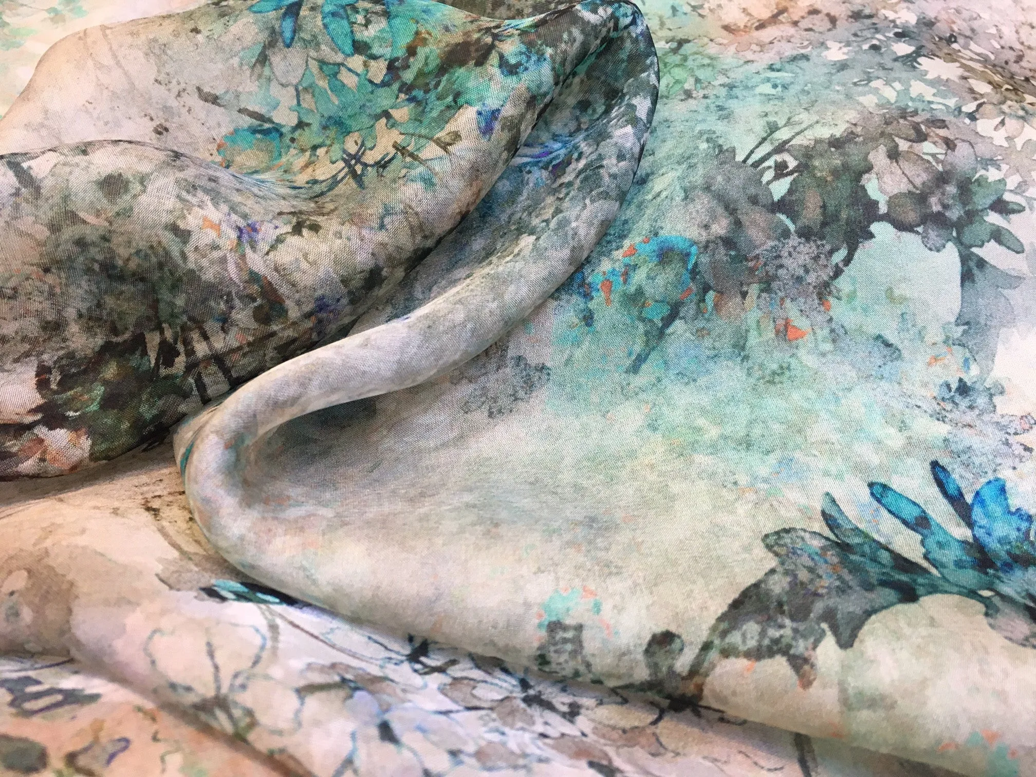 Jardin Teal Chiffon Silk
