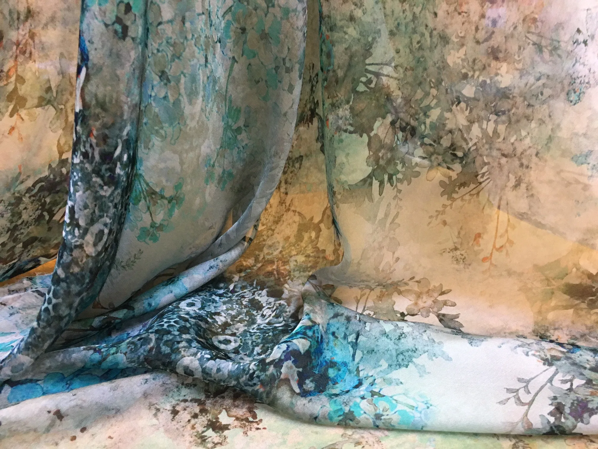 Jardin Teal Chiffon Silk