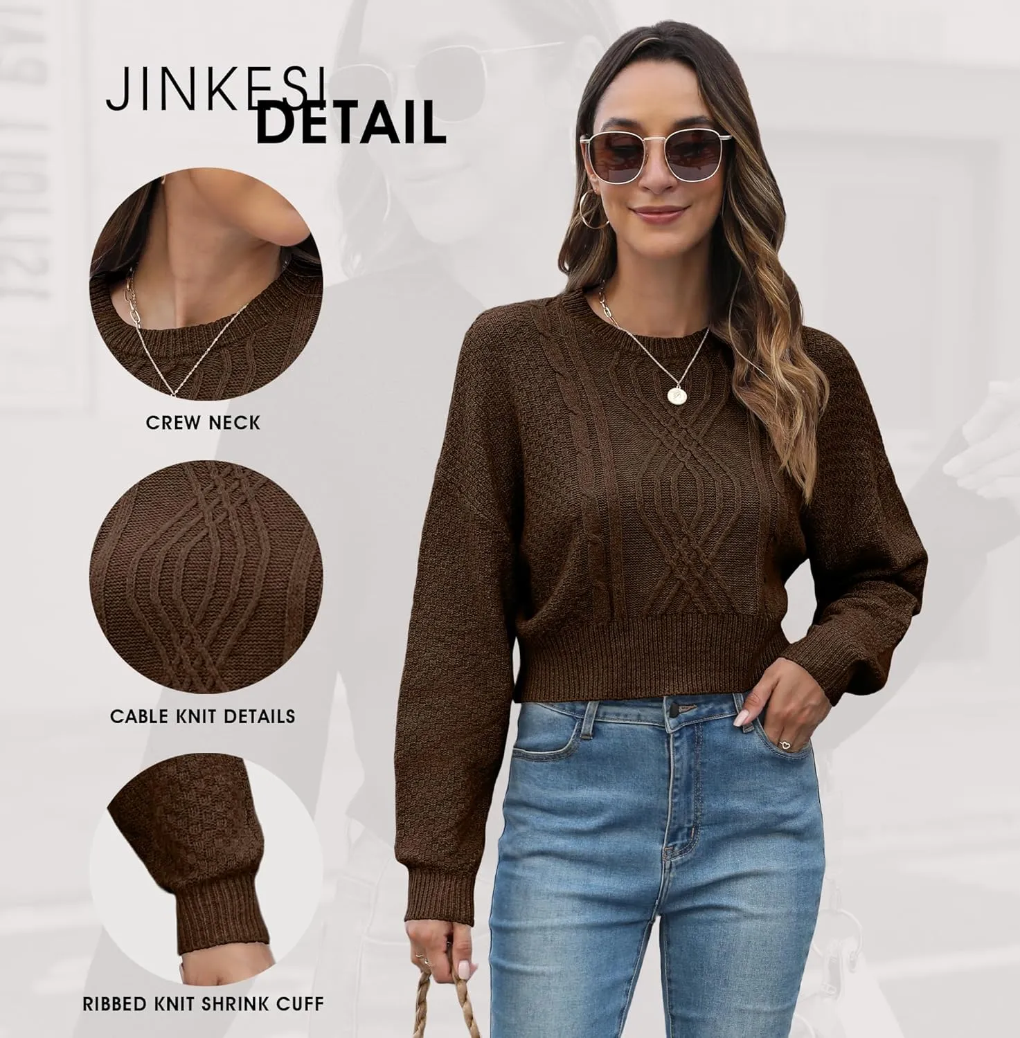 JINKESI Women's Crewneck Long Sleeve Cropped Sweater 2024 Fall Trendy Casual Soft Ribbed Knit Pullover Jumper Tops