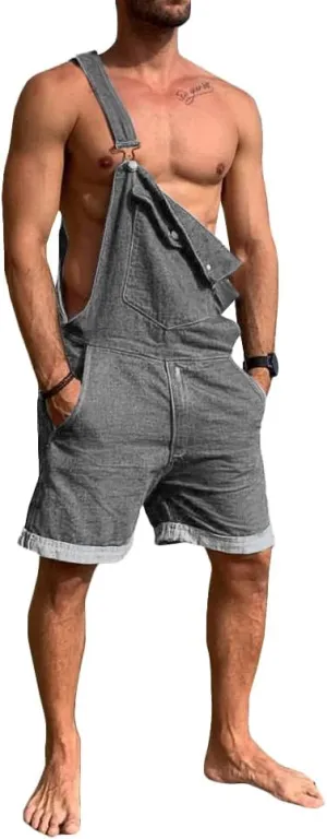 Karlywindow Mens Denim Bib Overall Shorts Loose Fit Summer Walk Shorts Above Knee Length Shortalls Jumpsuit Rompers