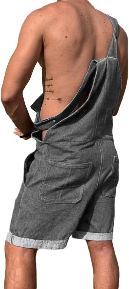 Karlywindow Mens Denim Bib Overall Shorts Loose Fit Summer Walk Shorts Above Knee Length Shortalls Jumpsuit Rompers