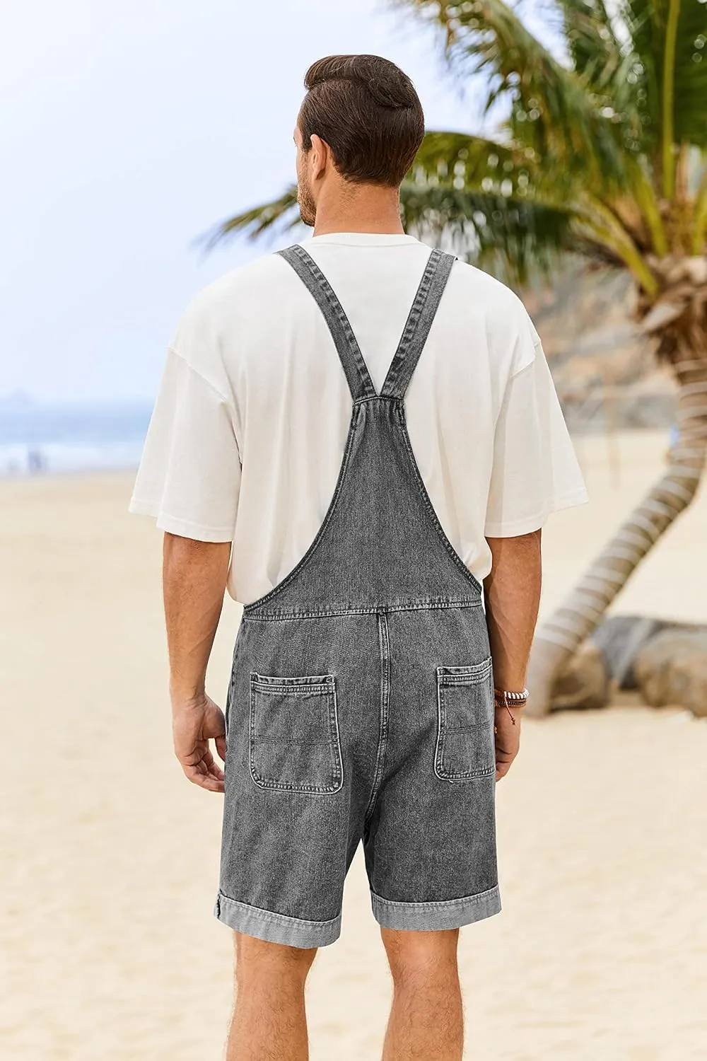Karlywindow Mens Denim Bib Overall Shorts Loose Fit Summer Walk Shorts Above Knee Length Shortalls Jumpsuit Rompers