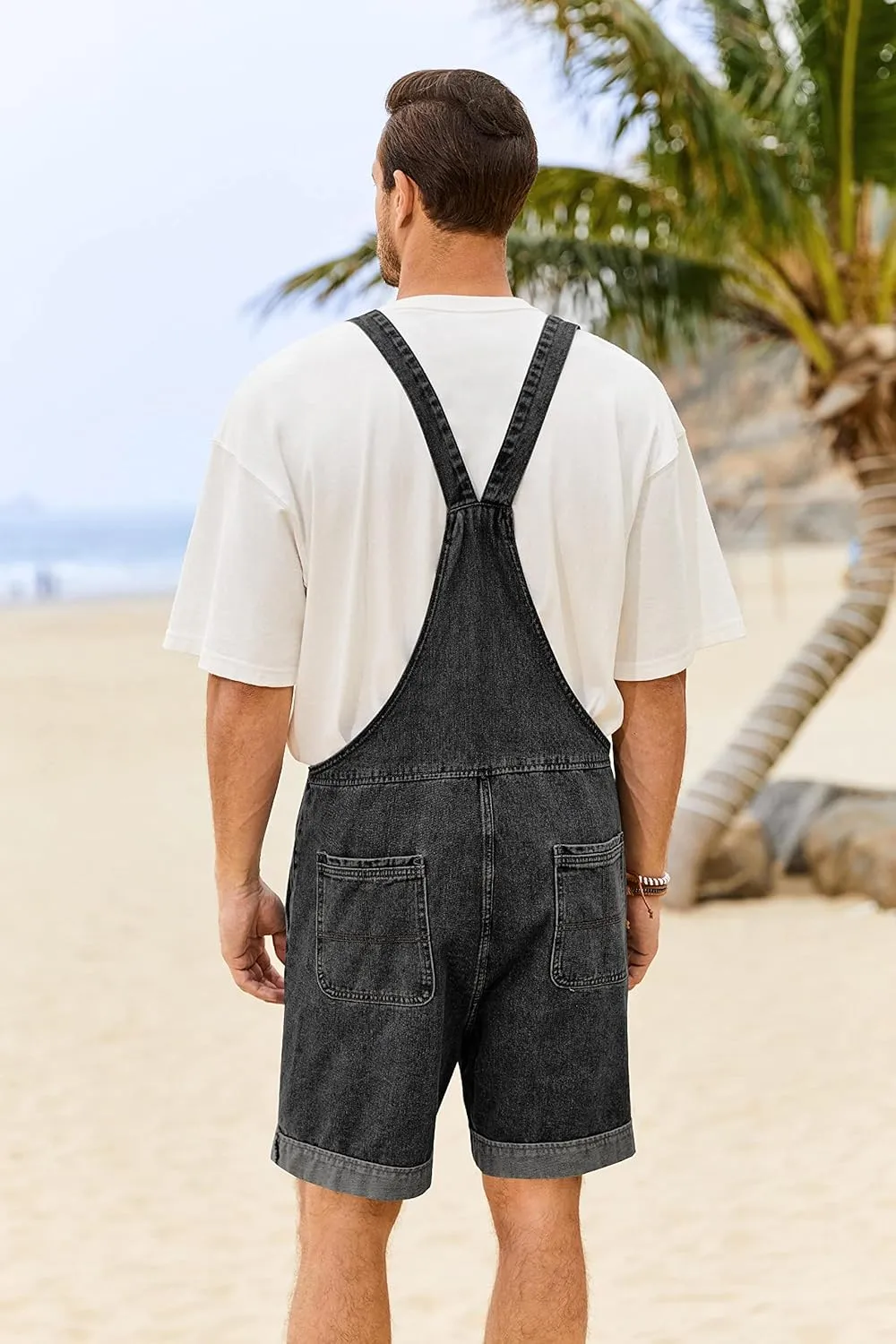 Karlywindow Mens Denim Bib Overall Shorts Loose Fit Summer Walk Shorts Above Knee Length Shortalls Jumpsuit Rompers
