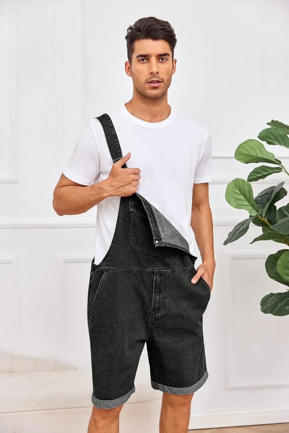 Karlywindow Mens Denim Bib Overall Shorts Loose Fit Summer Walk Shorts Above Knee Length Shortalls Jumpsuit Rompers