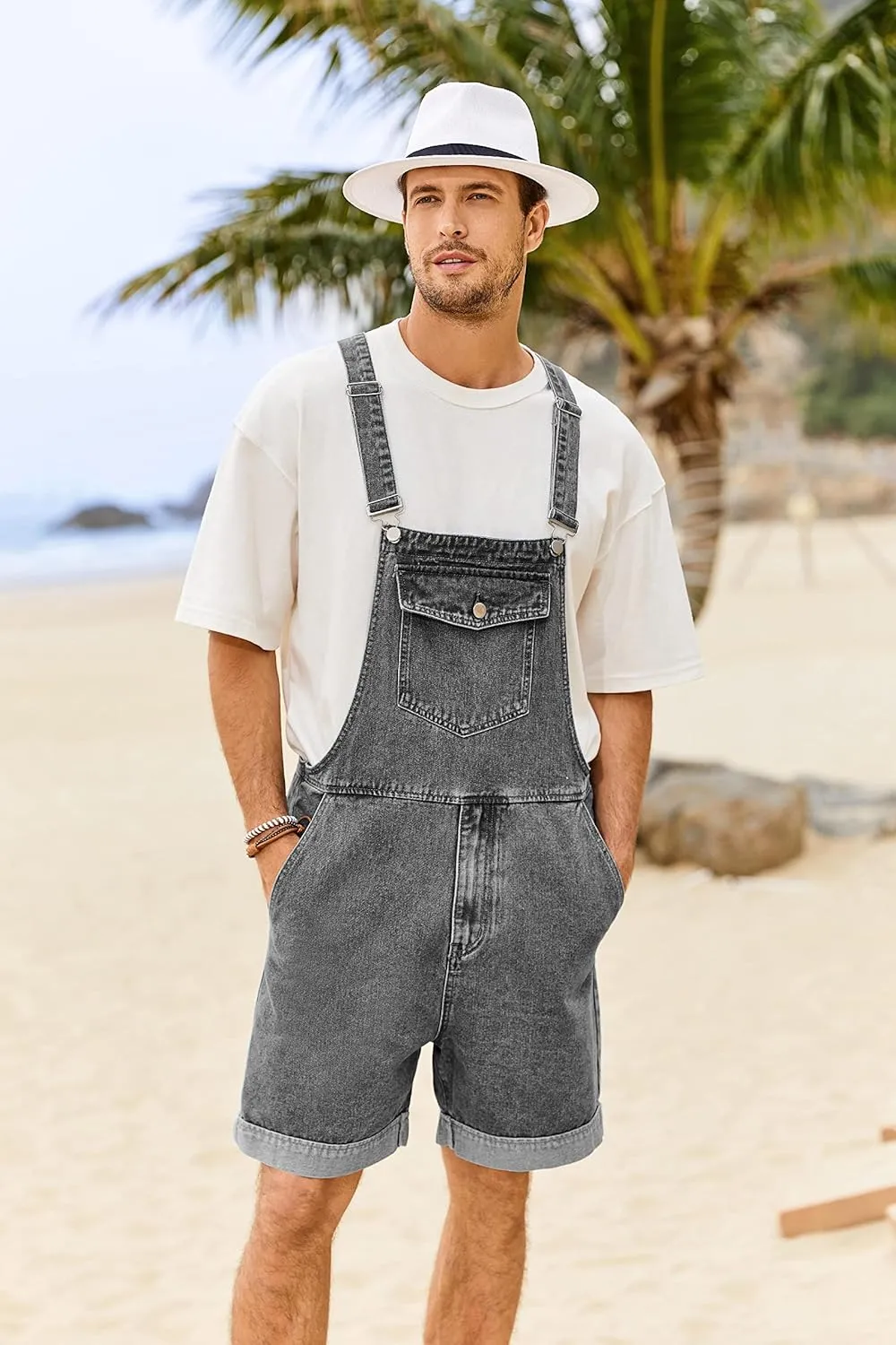Karlywindow Mens Denim Bib Overall Shorts Loose Fit Summer Walk Shorts Above Knee Length Shortalls Jumpsuit Rompers