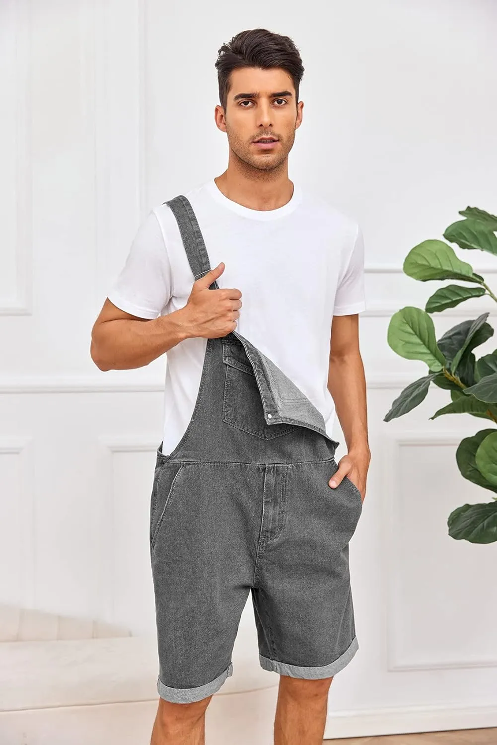Karlywindow Mens Denim Bib Overall Shorts Loose Fit Summer Walk Shorts Above Knee Length Shortalls Jumpsuit Rompers