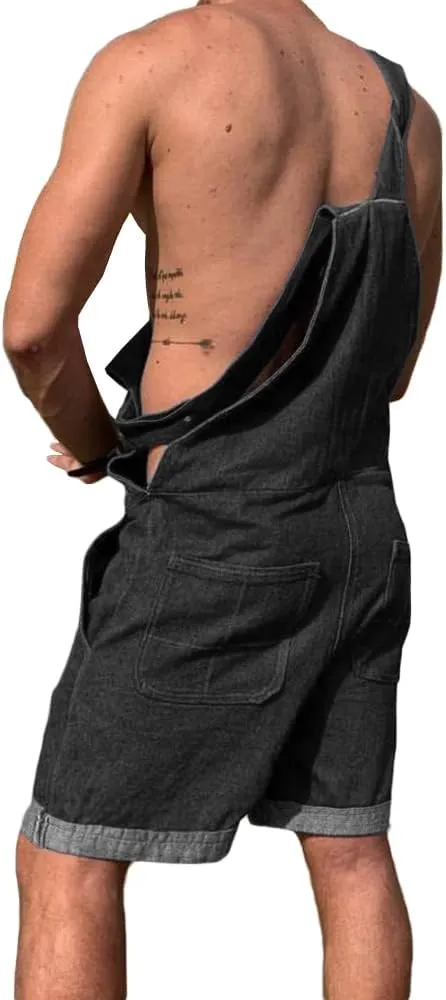 Karlywindow Mens Denim Bib Overall Shorts Loose Fit Summer Walk Shorts Above Knee Length Shortalls Jumpsuit Rompers