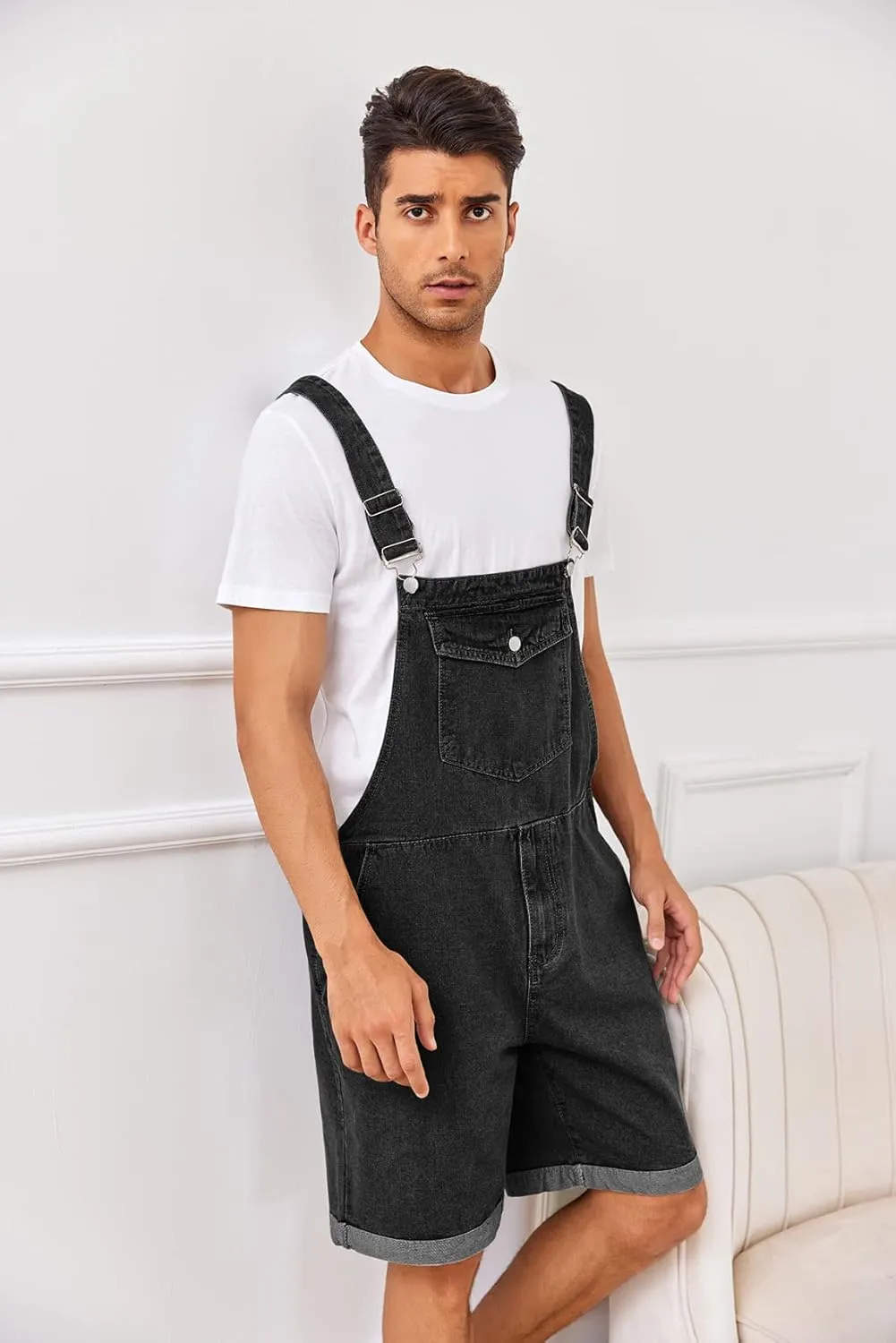 Karlywindow Mens Denim Bib Overall Shorts Loose Fit Summer Walk Shorts Above Knee Length Shortalls Jumpsuit Rompers
