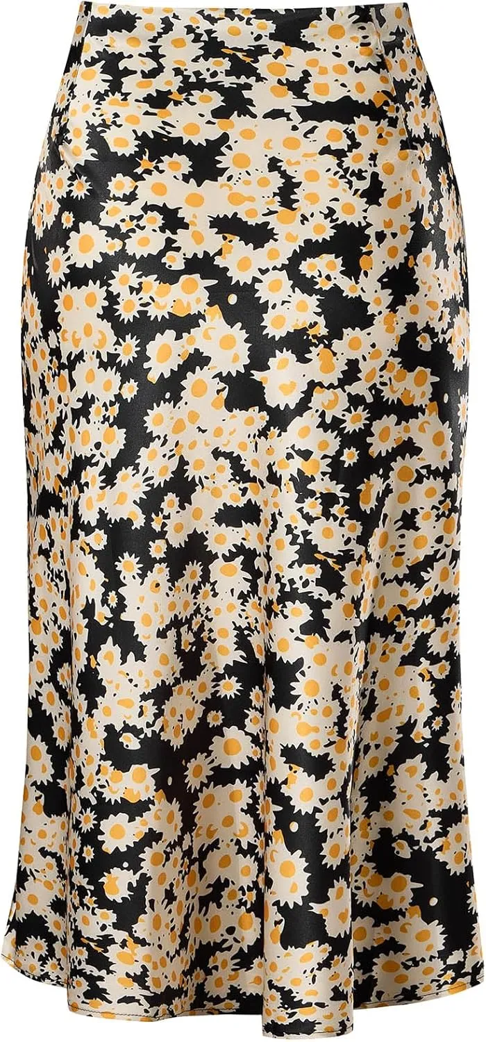 Keasmto Leopard Print Skirt for Women Cheetah High Waist Silk Satin Elasticized Skirts