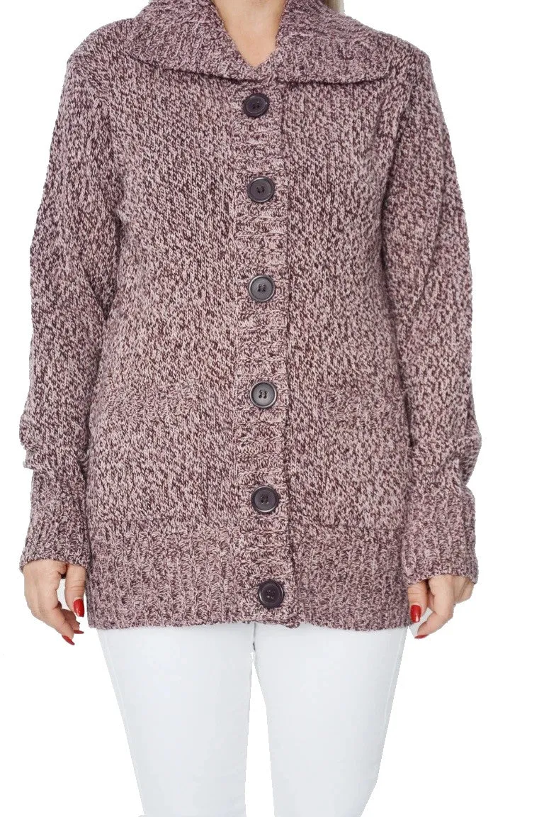 Ladies Purple Marl Patterned Knitted Button Down Cardigan