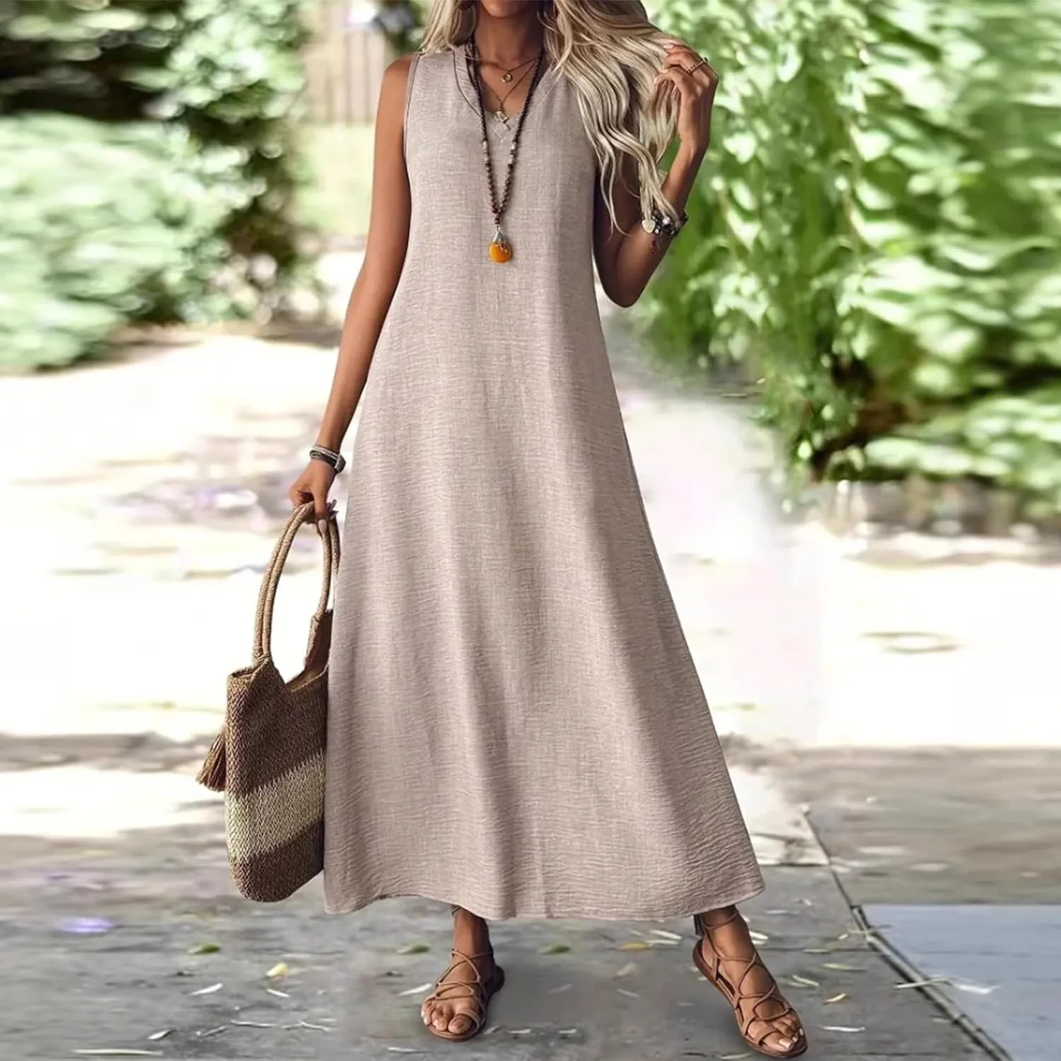 Linen Dress Women Sleeveless V Neck Tunic Boho Maxi Dress Casual Summer Modest Long Flowy Beach Vacation Sun Dresses