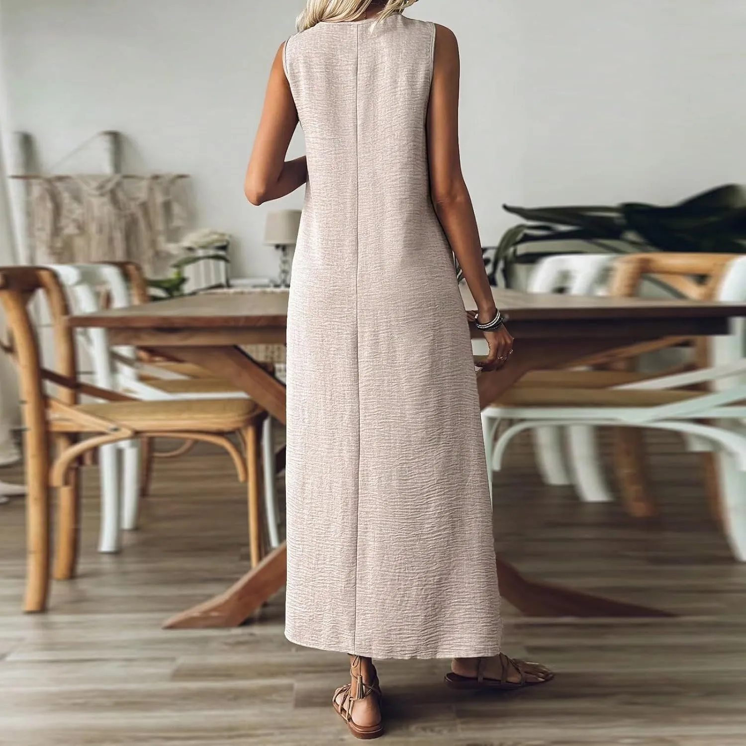 Linen Dress Women Sleeveless V Neck Tunic Boho Maxi Dress Casual Summer Modest Long Flowy Beach Vacation Sun Dresses