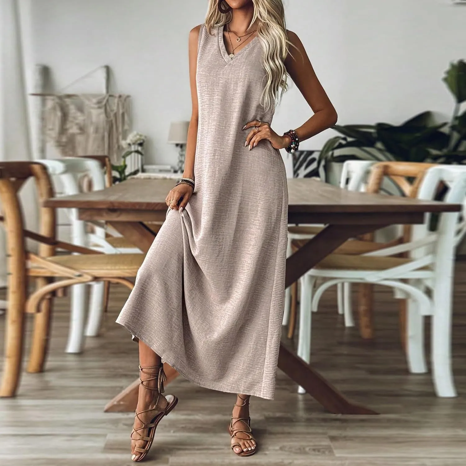 Linen Dress Women Sleeveless V Neck Tunic Boho Maxi Dress Casual Summer Modest Long Flowy Beach Vacation Sun Dresses