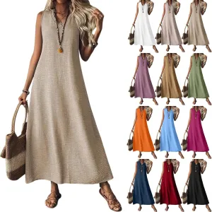 Linen Dress Women Sleeveless V Neck Tunic Boho Maxi Dress Casual Summer Modest Long Flowy Beach Vacation Sun Dresses
