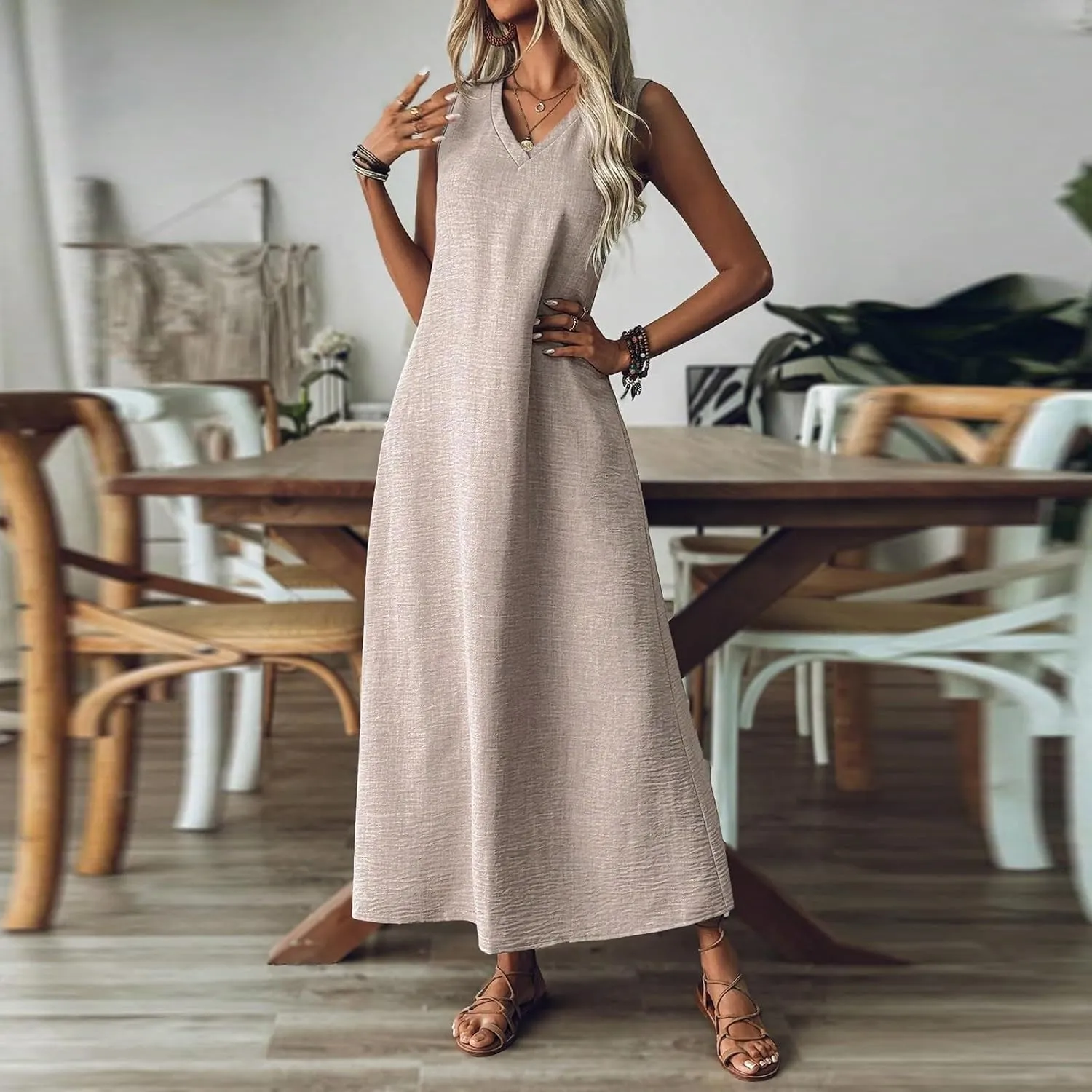 Linen Dress Women Sleeveless V Neck Tunic Boho Maxi Dress Casual Summer Modest Long Flowy Beach Vacation Sun Dresses