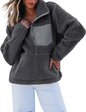 luvamia Sherpa Jackets for Women Trendy Zip Up Long Sleeve Winter Fall Casual Warm Fleece Coat Jackets with Pockets