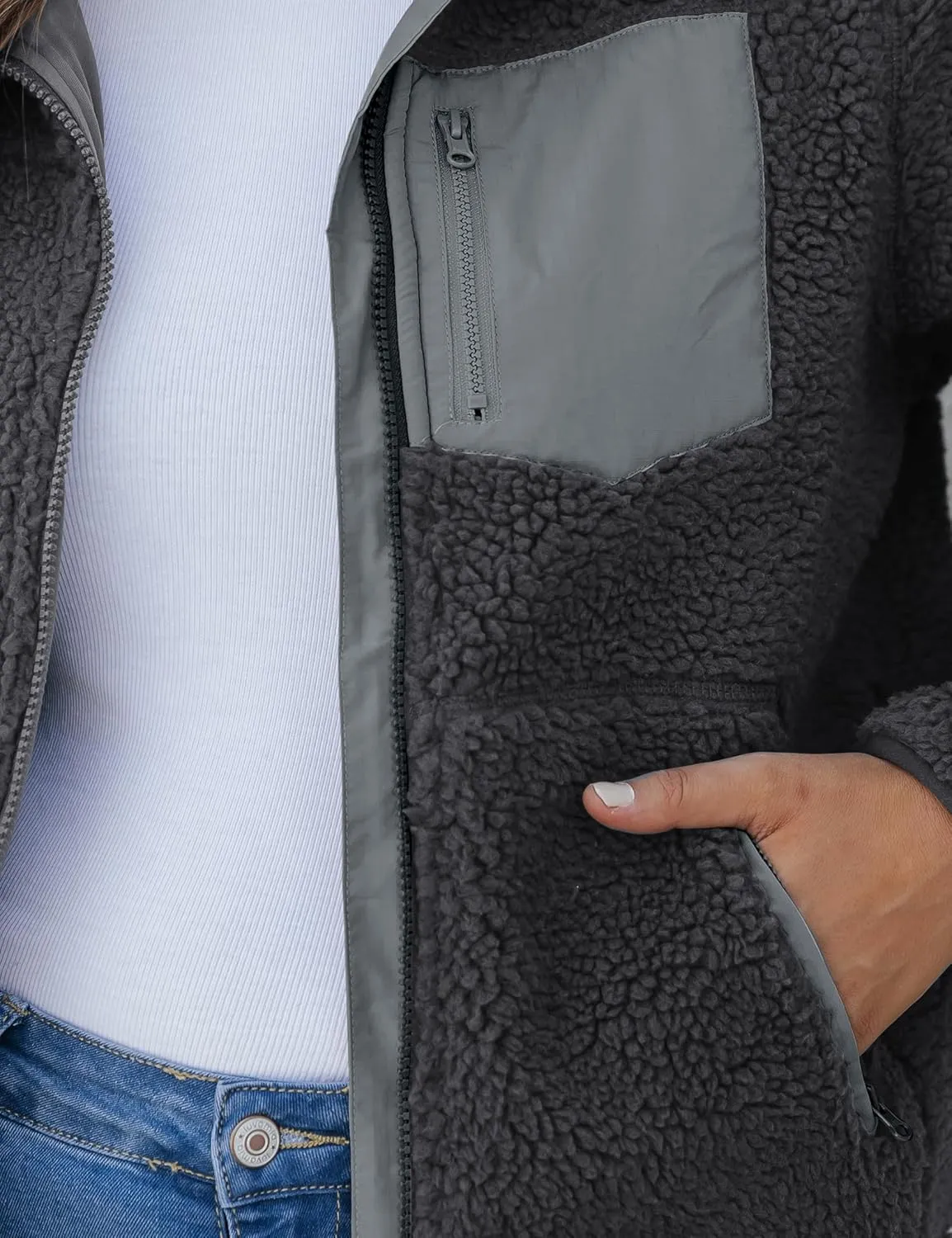 luvamia Sherpa Jackets for Women Trendy Zip Up Long Sleeve Winter Fall Casual Warm Fleece Coat Jackets with Pockets