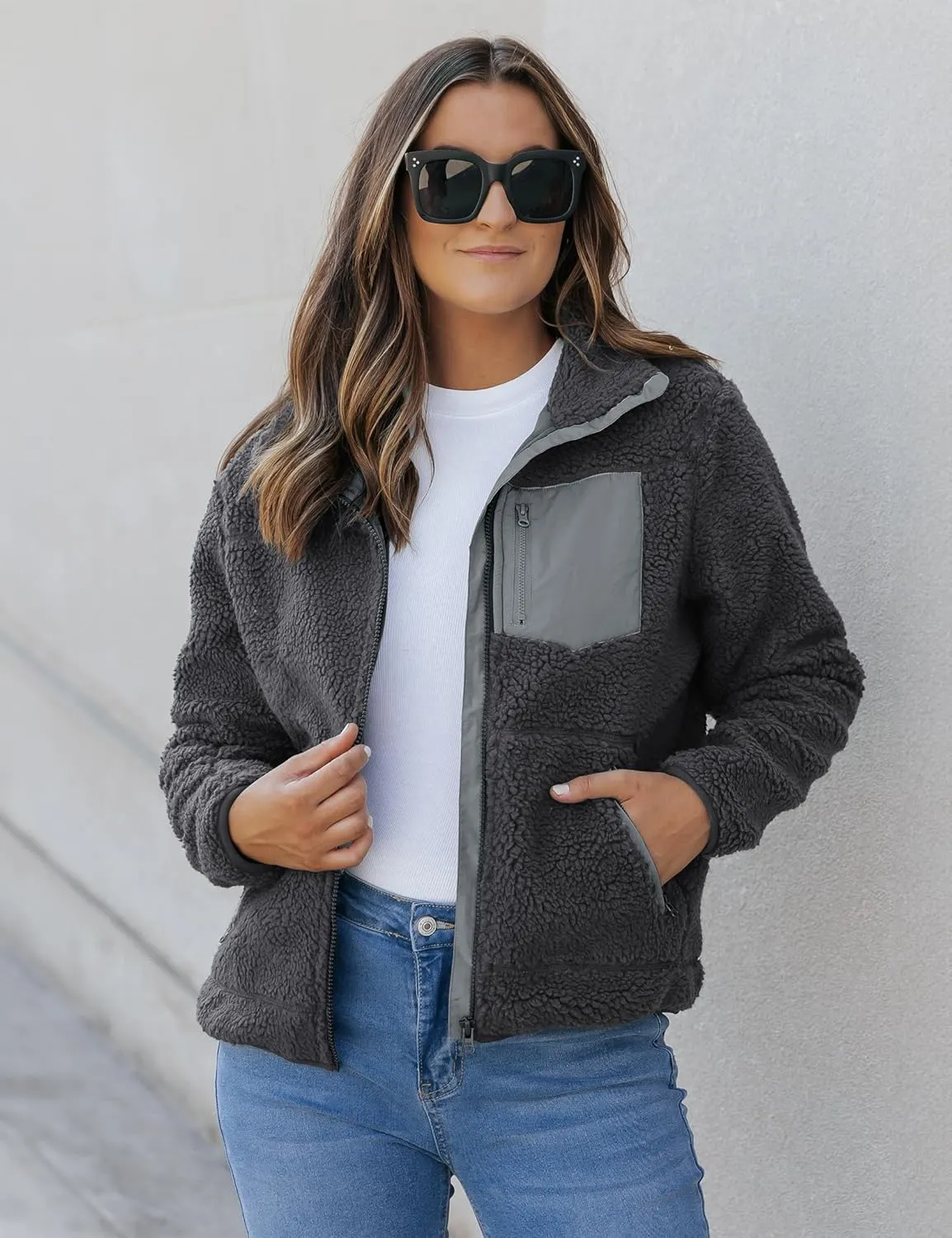 luvamia Sherpa Jackets for Women Trendy Zip Up Long Sleeve Winter Fall Casual Warm Fleece Coat Jackets with Pockets