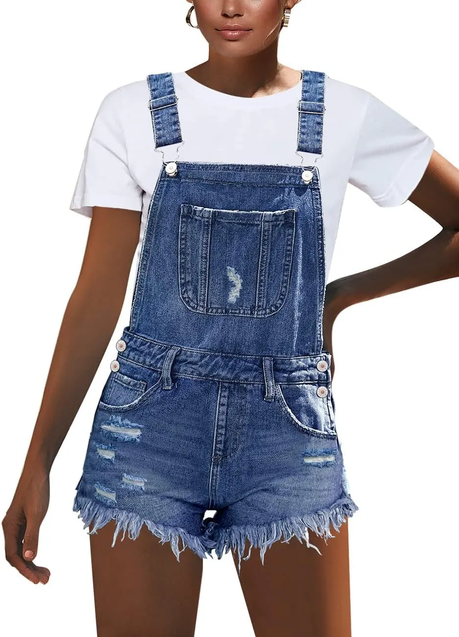 luvamia Women's Ripped Short Overalls Adjustable Denim Bib Overall Shorts Romper