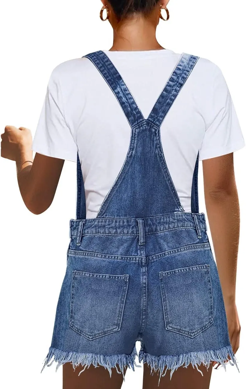 luvamia Women's Ripped Short Overalls Adjustable Denim Bib Overall Shorts Romper