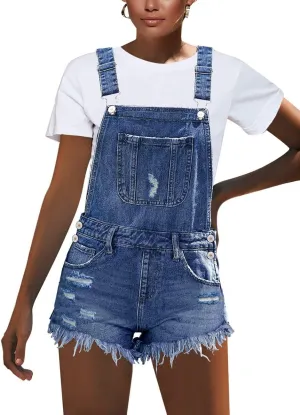 luvamia Women's Ripped Short Overalls Adjustable Denim Bib Overall Shorts Romper