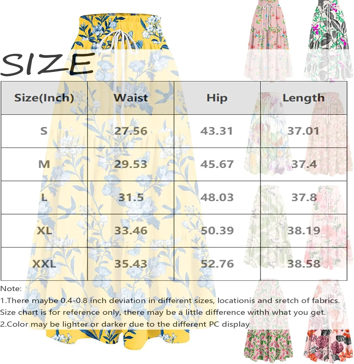 Maxi Skirts for Women Drawstring High Waisted Ruffle Tiered Floral Long Skirts with Pockets Summer Boho Vacation Outfits