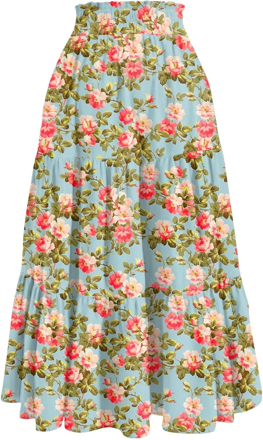 Maxi Skirts for Women Drawstring High Waisted Ruffle Tiered Floral Long Skirts with Pockets Summer Boho Vacation Outfits