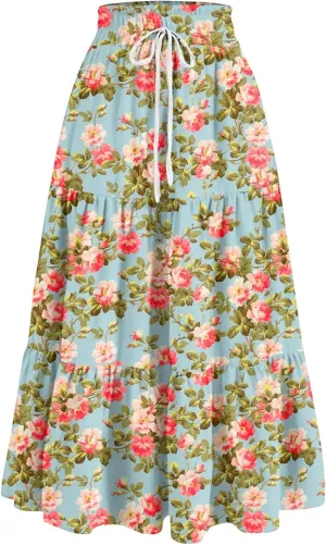 Maxi Skirts for Women Drawstring High Waisted Ruffle Tiered Floral Long Skirts with Pockets Summer Boho Vacation Outfits