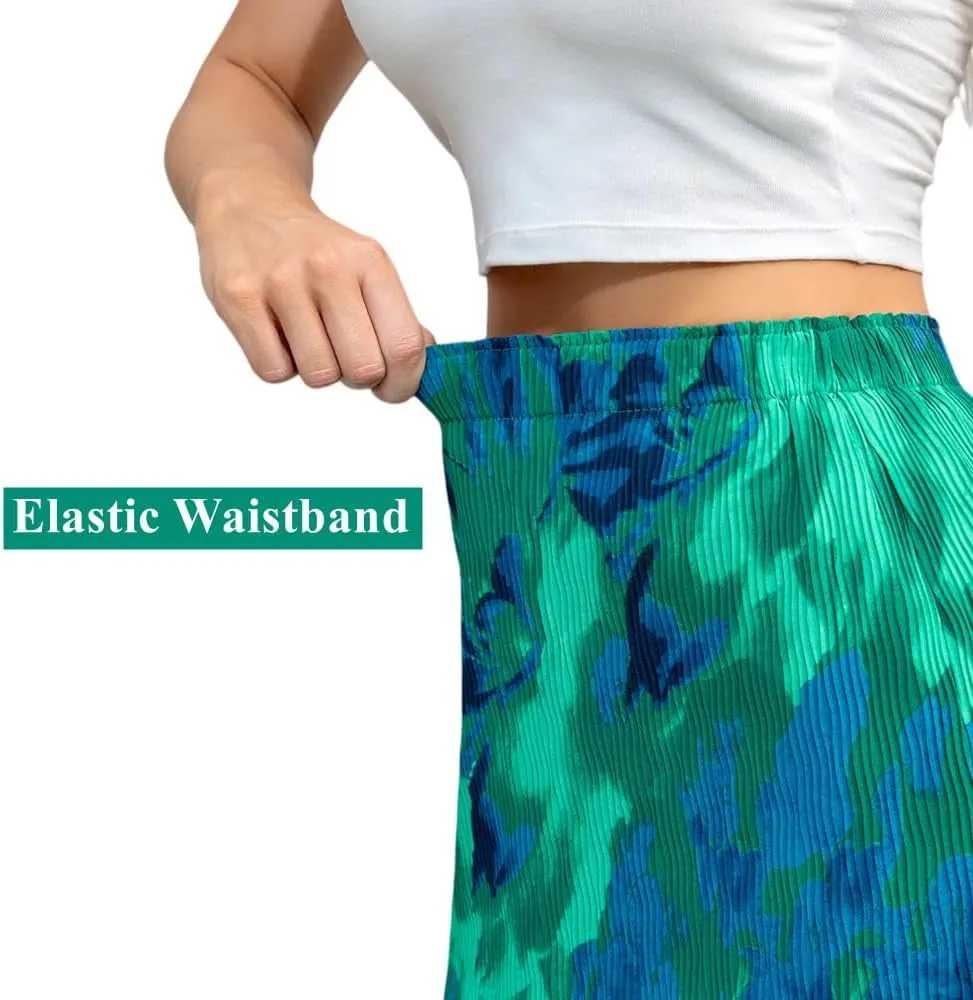 Maxi Skirts for Women with Slit Long Midi Length Floral Elastic Pleated Skirt for Party Holiday