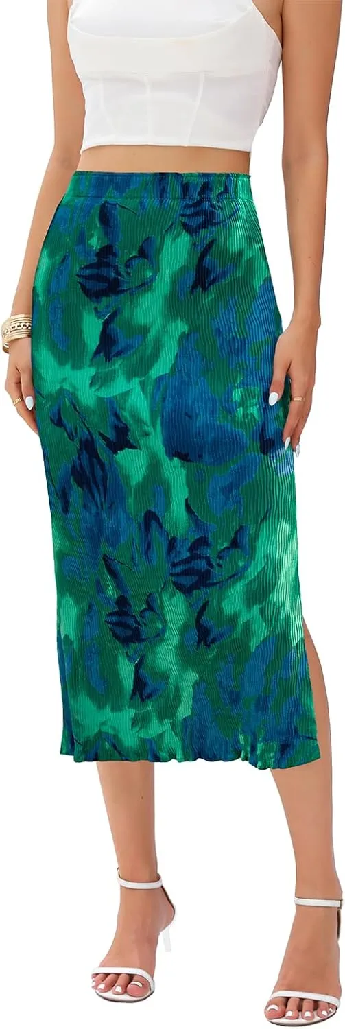 Maxi Skirts for Women with Slit Long Midi Length Floral Elastic Pleated Skirt for Party Holiday