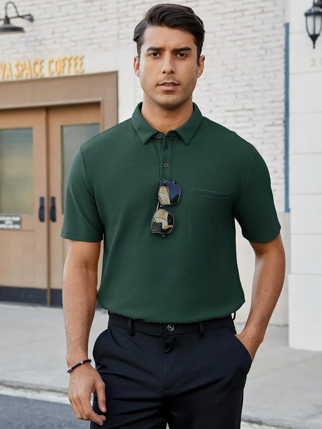 Men's Casual Short Sleeve Bubble Jacquard Polo Shirt Solid Collared T-Shirt Golf Polo Shirts with Pocket