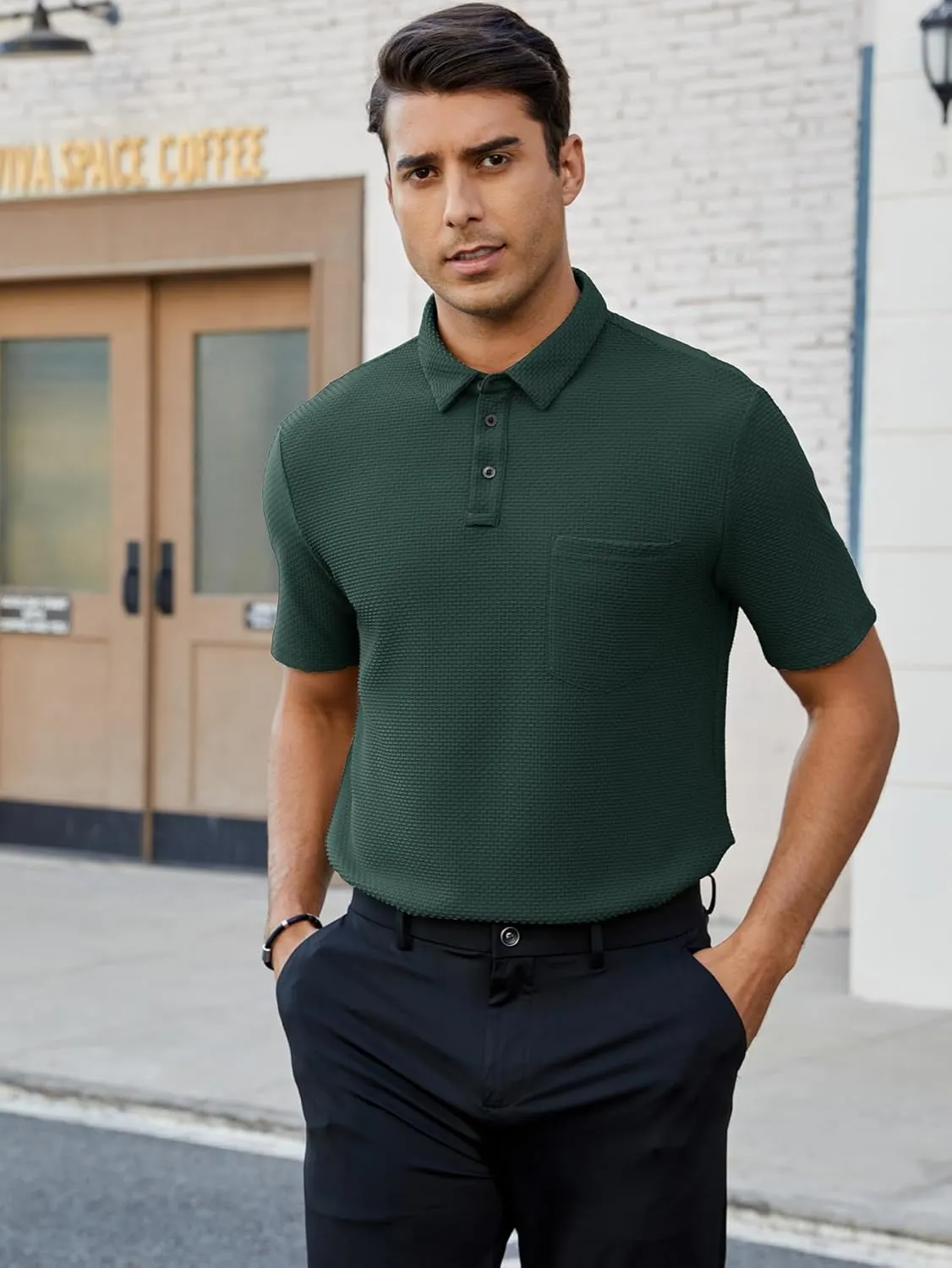 Men's Casual Short Sleeve Bubble Jacquard Polo Shirt Solid Collared T-Shirt Golf Polo Shirts with Pocket