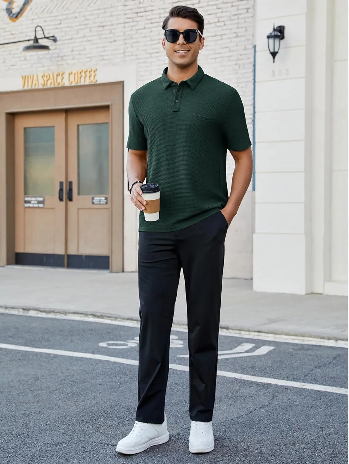 Men's Casual Short Sleeve Bubble Jacquard Polo Shirt Solid Collared T-Shirt Golf Polo Shirts with Pocket