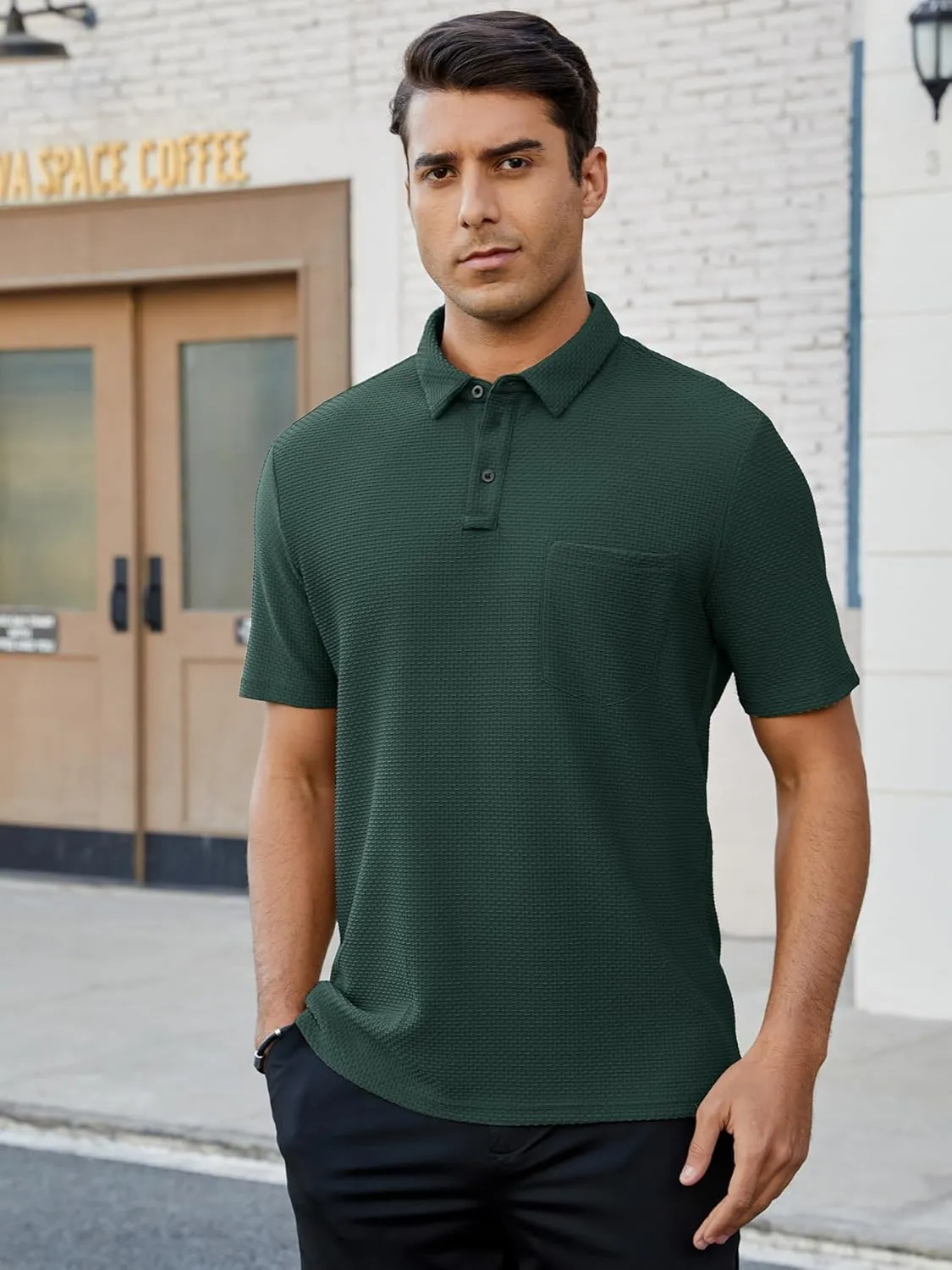 Men's Casual Short Sleeve Bubble Jacquard Polo Shirt Solid Collared T-Shirt Golf Polo Shirts with Pocket