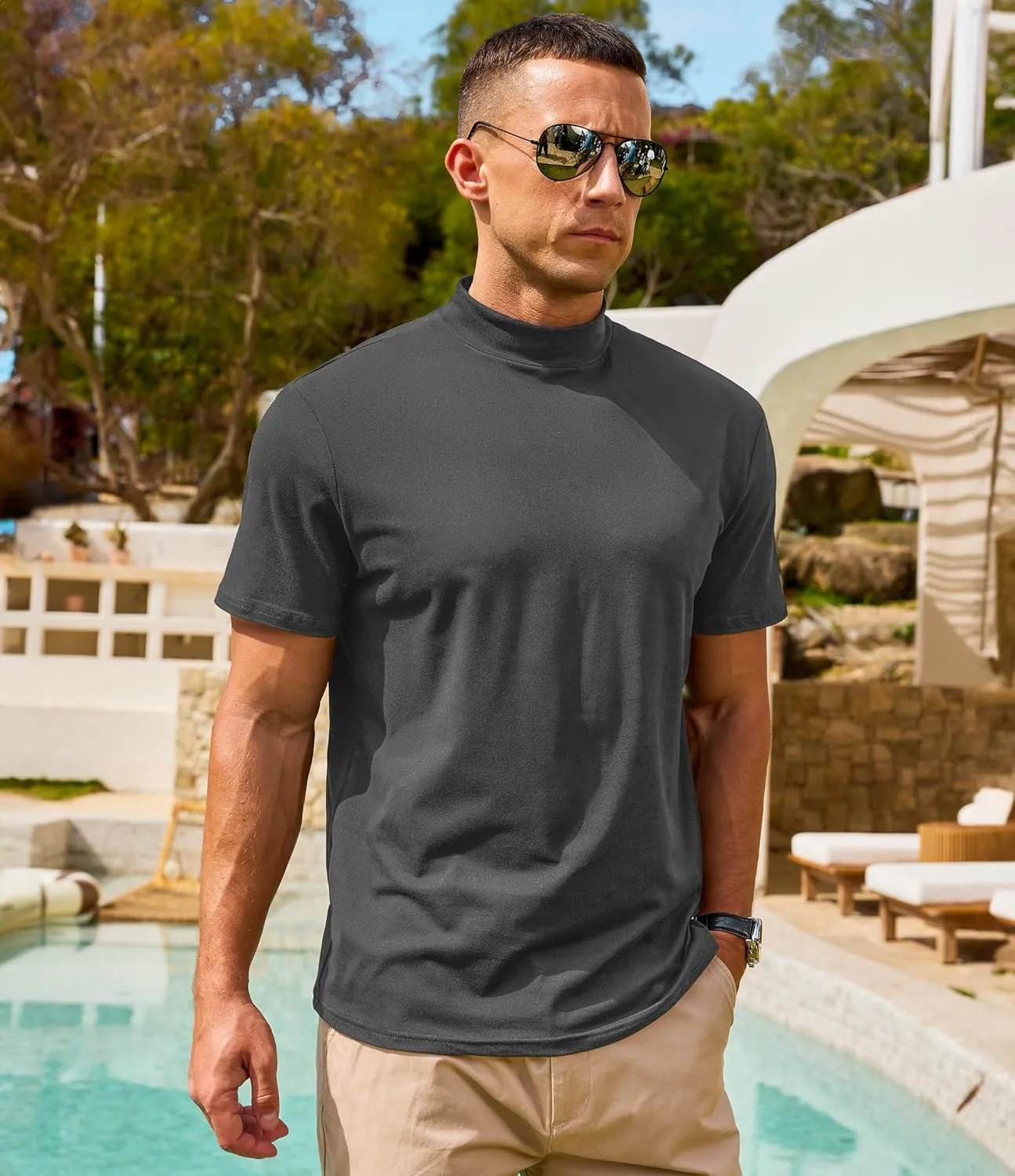 Men's Mock Turtleneck Short Sleeve Soft Lightweight Casual Basic T-Shirts Solid Pullover Tops