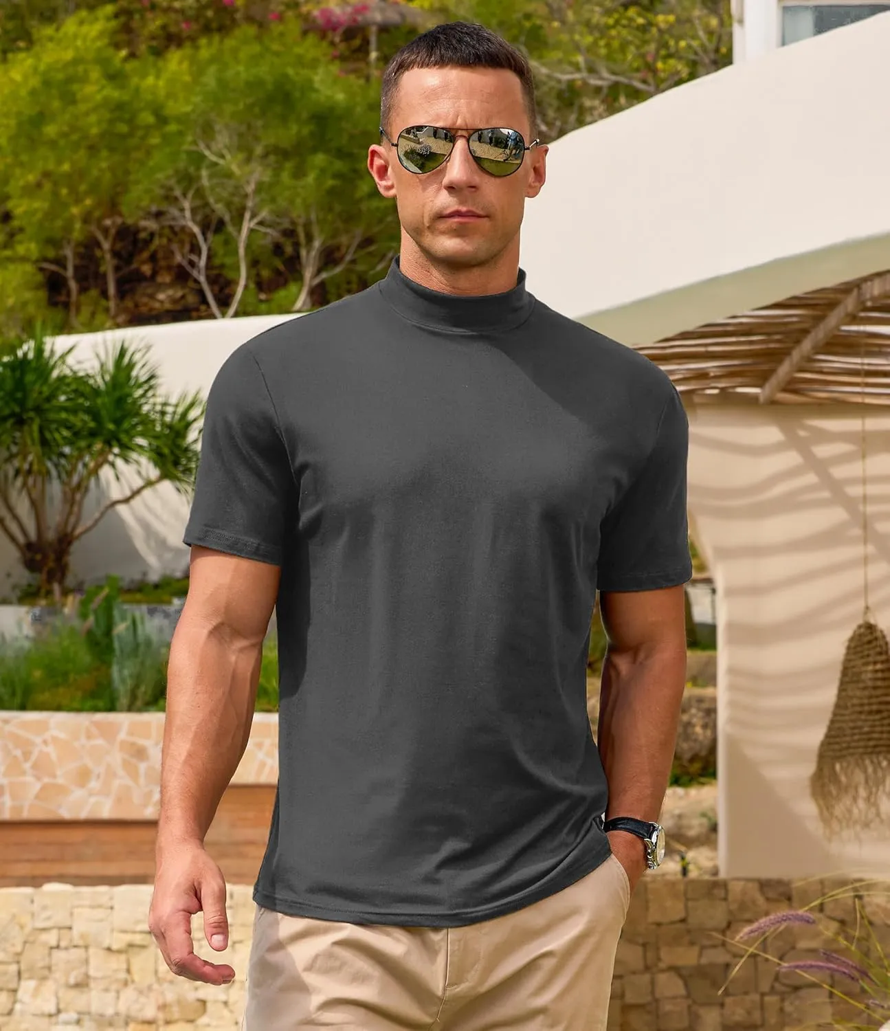 Men's Mock Turtleneck Short Sleeve Soft Lightweight Casual Basic T-Shirts Solid Pullover Tops