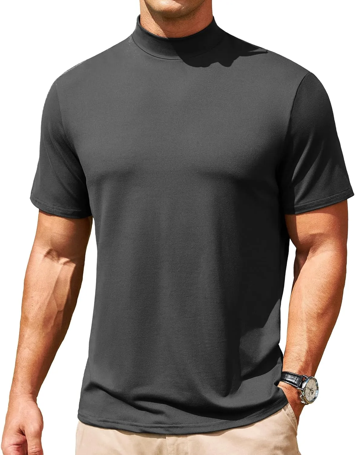 Men's Mock Turtleneck Short Sleeve Soft Lightweight Casual Basic T-Shirts Solid Pullover Tops
