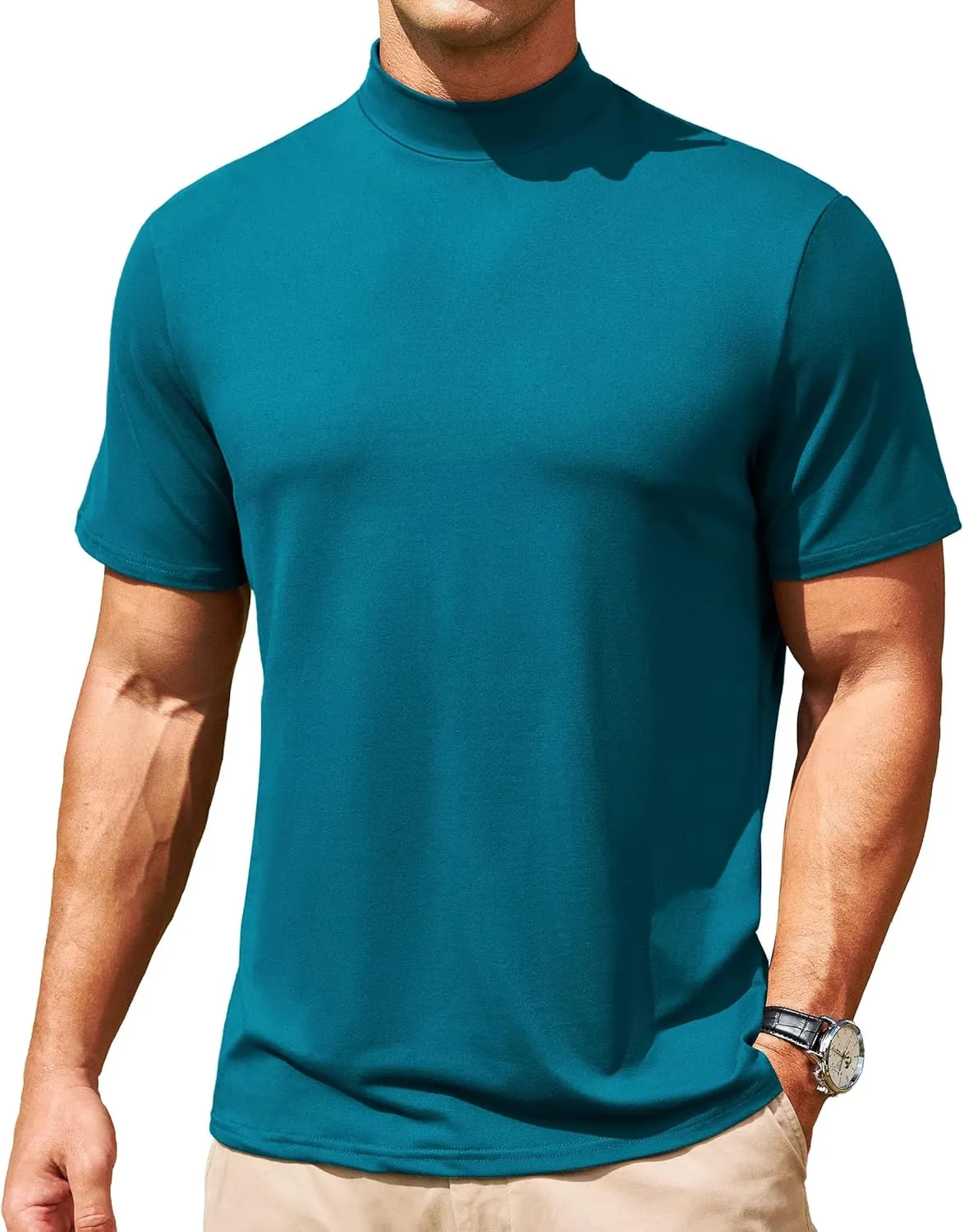 Men's Mock Turtleneck Short Sleeve Soft Lightweight Casual Basic T-Shirts Solid Pullover Tops