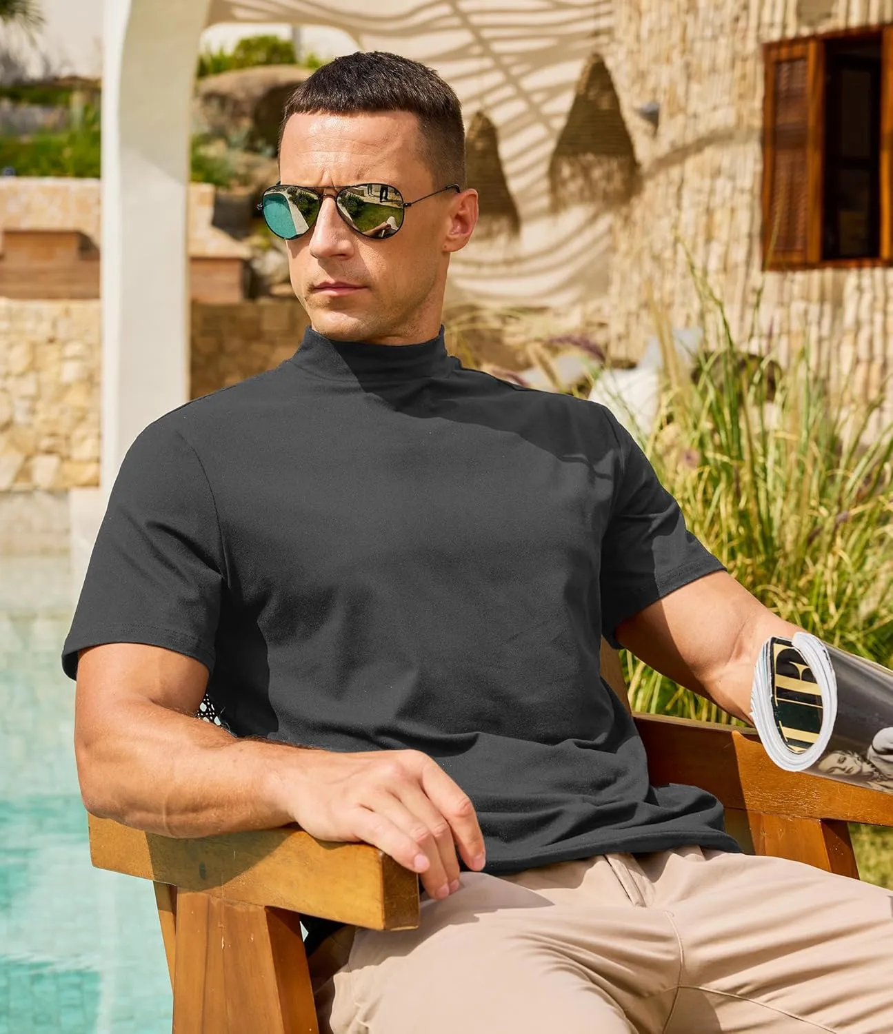 Men's Mock Turtleneck Short Sleeve Soft Lightweight Casual Basic T-Shirts Solid Pullover Tops
