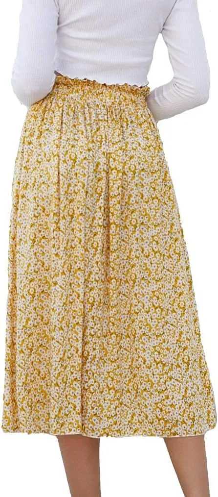 Naggoo Women's Skirts High Elastic Waisted Casual Skirt Pleated Floral/Solid Midi Skirts with Pockets