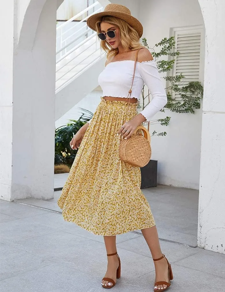 Naggoo Women's Skirts High Elastic Waisted Casual Skirt Pleated Floral/Solid Midi Skirts with Pockets