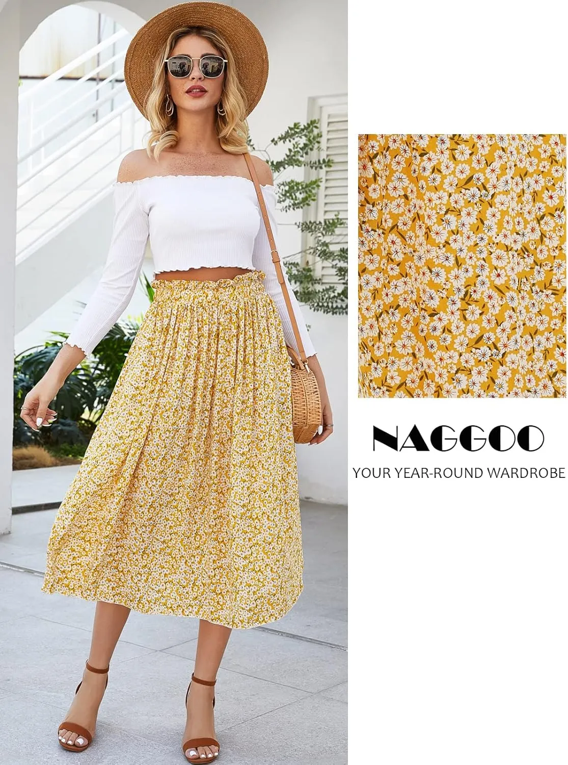 Naggoo Women's Skirts High Elastic Waisted Casual Skirt Pleated Floral/Solid Midi Skirts with Pockets