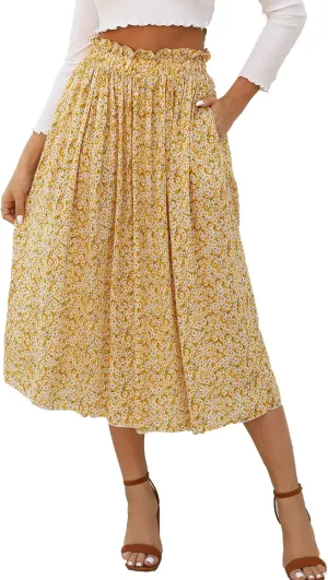 Naggoo Women's Skirts High Elastic Waisted Casual Skirt Pleated Floral/Solid Midi Skirts with Pockets
