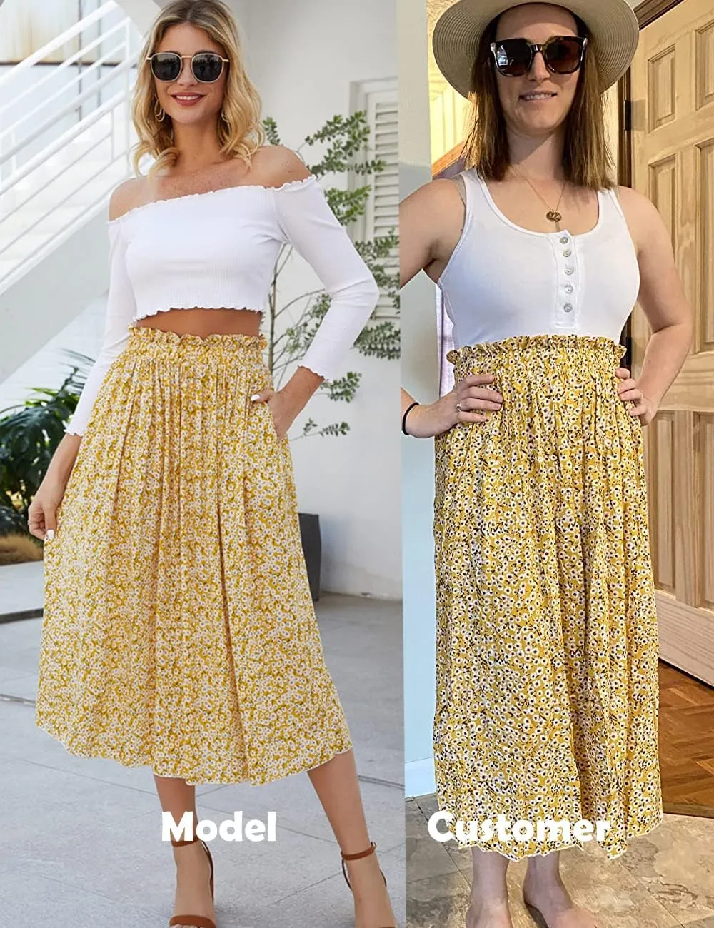Naggoo Women's Skirts High Elastic Waisted Casual Skirt Pleated Floral/Solid Midi Skirts with Pockets