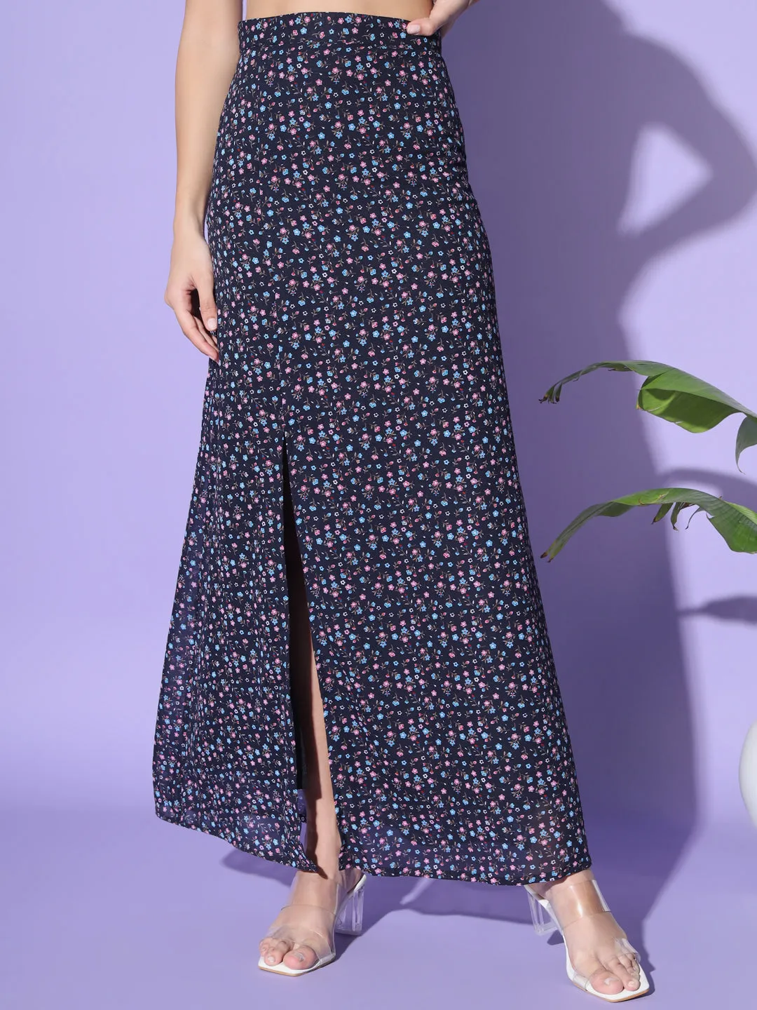 Navy Blue Floral Side Slit Skirt
