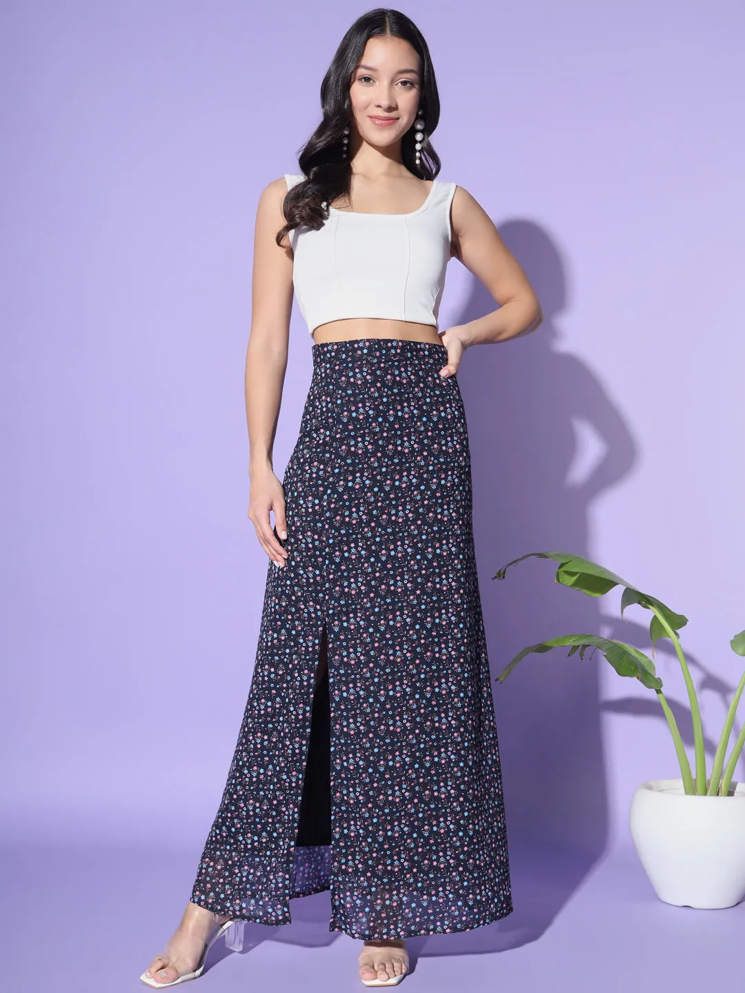 Navy Blue Floral Side Slit Skirt