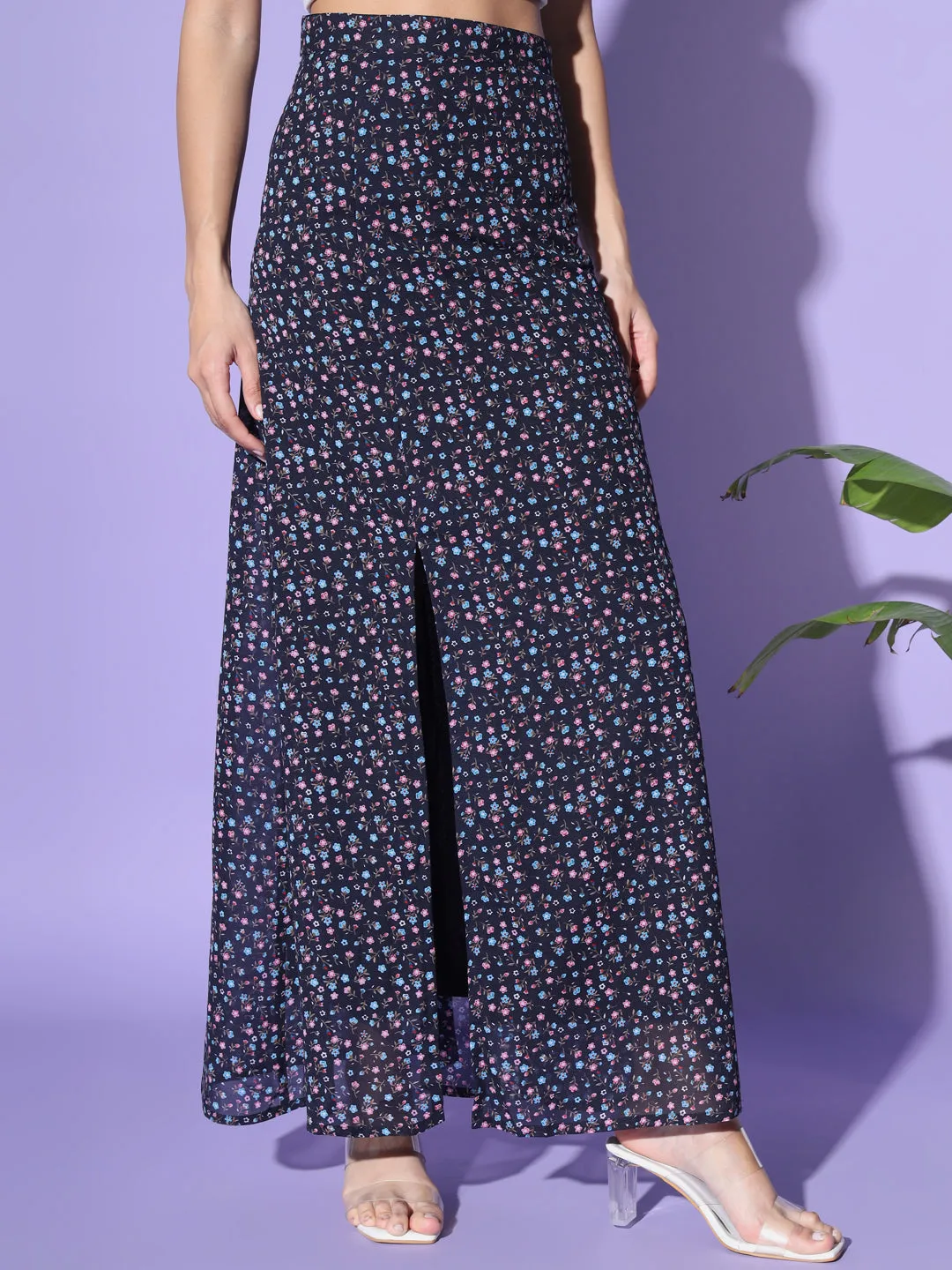Navy Blue Floral Side Slit Skirt